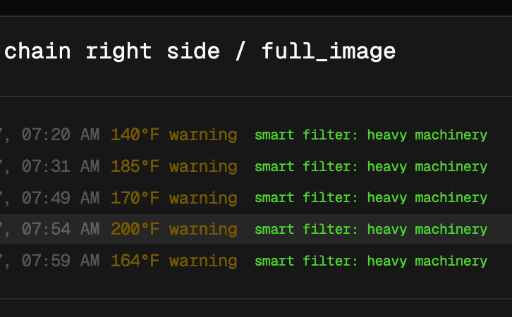 AVIAN smart alarm filtering interface showing warning events from heavy machinery