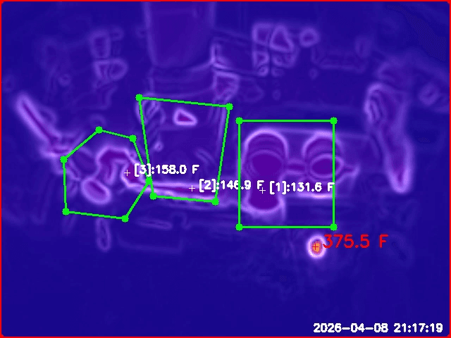 Thermal camera view showing a 380°F hotspot buried in sawdust near the Sierra Pacific Industries Lincoln facility planer