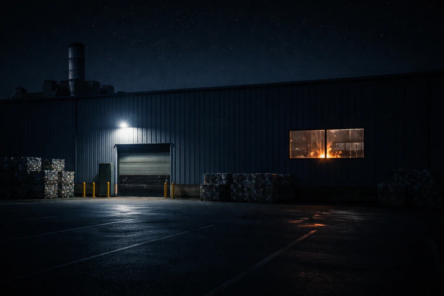 Recycling facility at night with industrial lighting