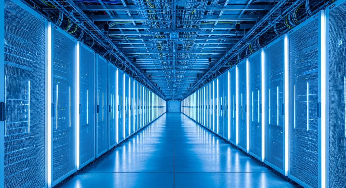 Modern hyperscale data center corridor with rows of server racks and blue LED lighting