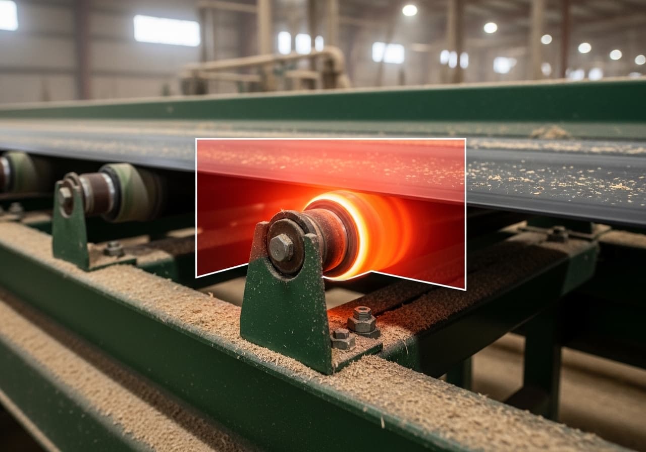 Rubber conveyor on steel idlers in a plain factory hall, empty belt, uneven industrial lighting and worn finishes