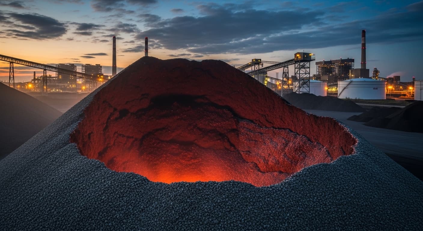Large industrial coal stockpile at dusk with internal heat buildup glowing from within the pile